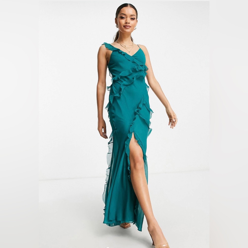 ASOS DESIGN Petite tiered ruffle detail maxi dress with tie back and button side